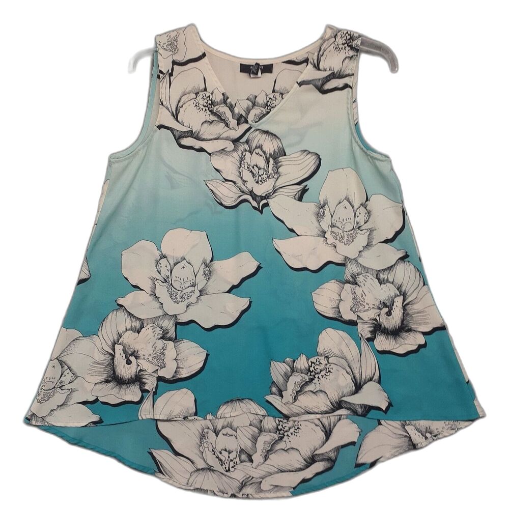 Alfani Womens Sz 6P Ombre Teal Floral V-Neck Sleeveless Tank Top Blouse Fairy